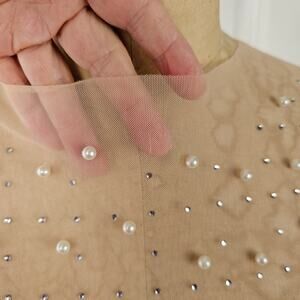 Peach sheer body con maxi dress pearls crystals long sleeves L Sirencore